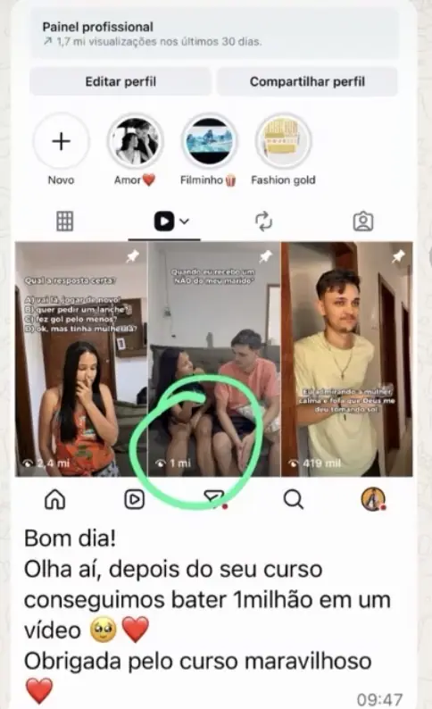 Print de aluno com vídeo alcançando 1 milhão de visualizações